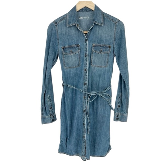 Gap Denim Western Shirtdress Medium Indigo Long Sleeve Button Down Tie‎ Waist - Picture 1 of 11